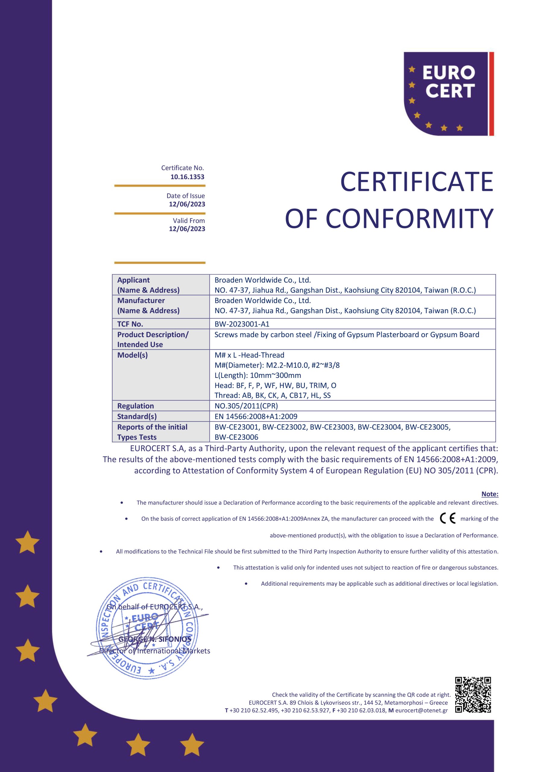 EN 14566 Certificate-BROADEN